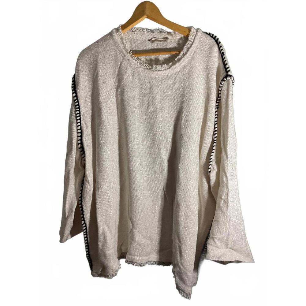 Soft Surroundings  Cream Textured Loose Weave Tunic /Black Trim/ Raw Edges XL
